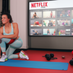 Natasha Villaschi no ambiente Natflix Fitness, com interface de streaming de treinos variados em casa e academia, simbolizando diversão e resultados.