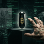 Pílula preta brilhante com o símbolo do Bitcoin em um ambiente digital sombrio, representando a soberania financeira.