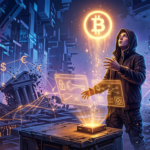 Imagem conceitual de soberania financeira com o tema 'Bitcoin Black Pill', mostrando elementos de autocustódia e independência digital.