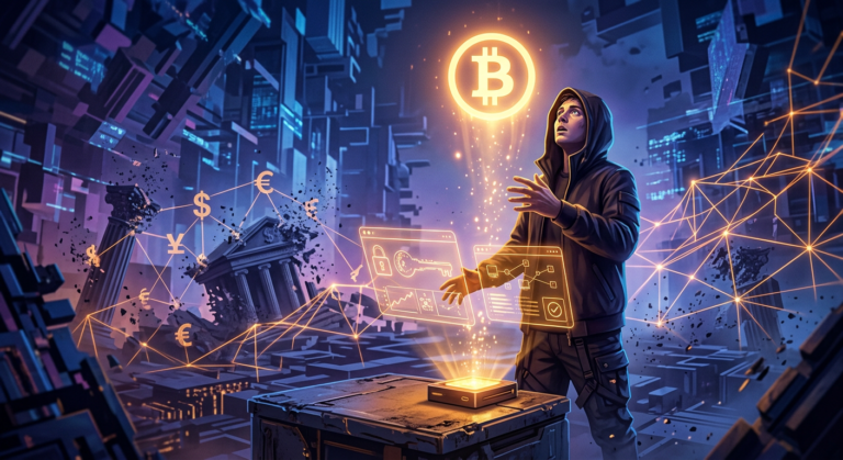 Imagem conceitual de soberania financeira com o tema 'Bitcoin Black Pill', mostrando elementos de autocustódia e independência digital.