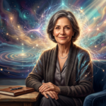 Dra. Andréa Vermont, psicanalista, com expressão serena e elementos abstratos de luz e conexões mentais, simbolizando a Imersão Tradutor de Almas e o autoconhecimento profundo.