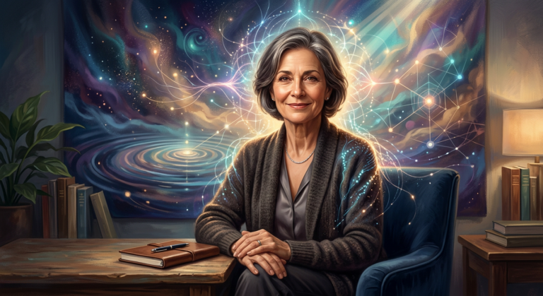 Dra. Andréa Vermont, psicanalista, com expressão serena e elementos abstratos de luz e conexões mentais, simbolizando a Imersão Tradutor de Almas e o autoconhecimento profundo.