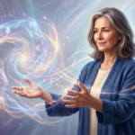 Ilustração conceitual de uma mulher, representando a Dra. Andréa Vermont, facilitando uma imersão emocional profunda, com luzes e energia abstratas simbolizando a tradução de almas e a cura interior.