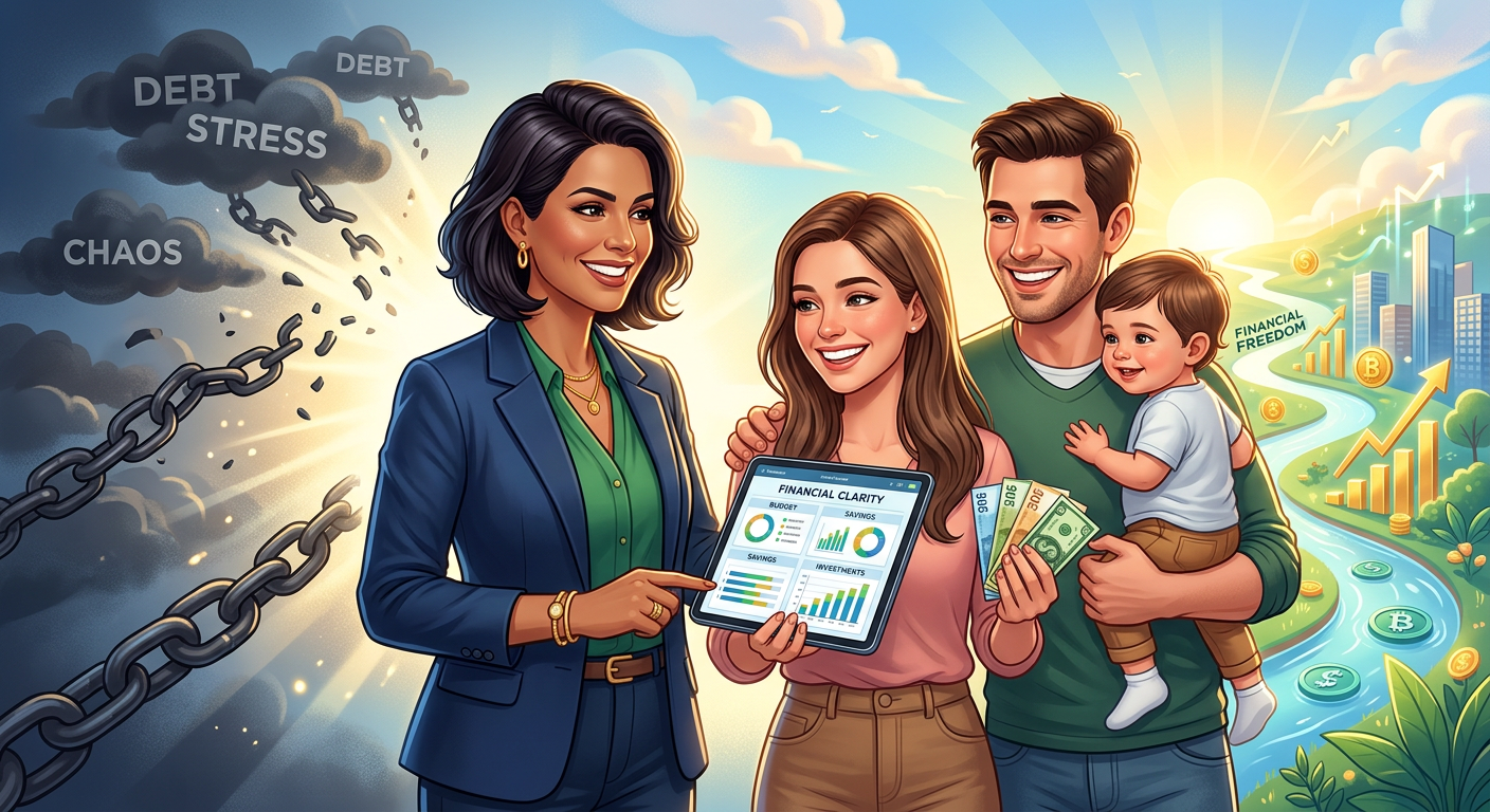 Nádia C. B. Vieira Pace mentorando sobre finanças, com pessoa sorridente e dinheiro organizado, simbolizando superação de dívidas e prosperidade.