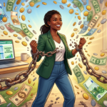 Mulher sorrindo, quebrando correntes de dívidas e celebrando a liberdade financeira com dinheiro voando, simbolizando organização e prosperidade.
