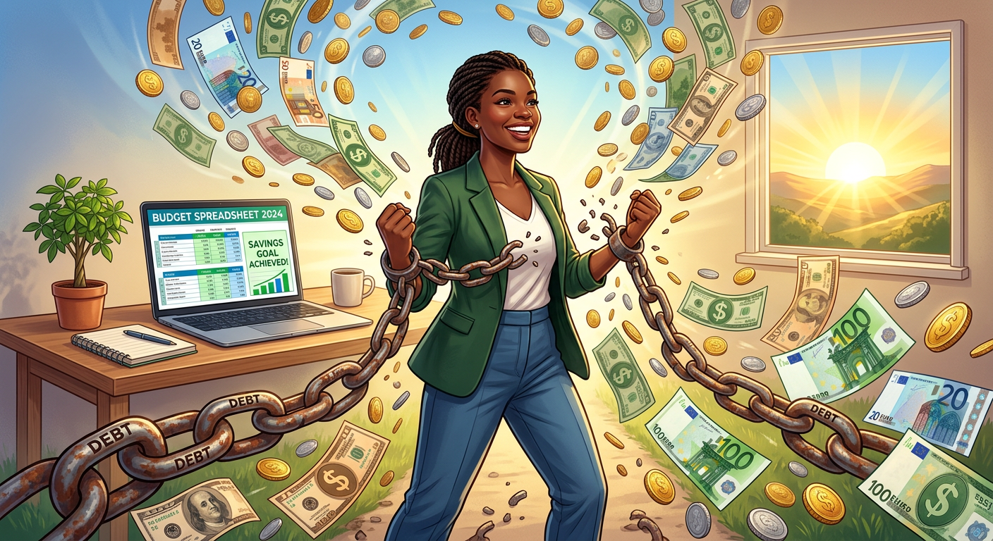 Mulher sorrindo, quebrando correntes de dívidas e celebrando a liberdade financeira com dinheiro voando, simbolizando organização e prosperidade.