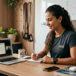 Aluno(a) estudando o Bacharelado em Educação Física EAD do Instituto Óliver em laptop, com elementos de fitness e carreira profissional ao fundo.