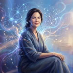 Dra. Andréa Vermont sorrindo, com padrões de luz e conexões etéreas ao redor, simbolizando a tradução da alma e o autoconhecimento.