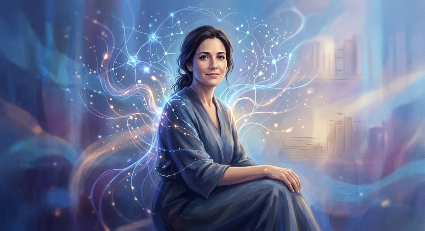 Dra. Andréa Vermont sorrindo, com padrões de luz e conexões etéreas ao redor, simbolizando a tradução da alma e o autoconhecimento.