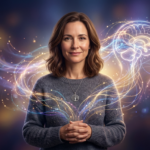 Ilustração conceitual da Dra. Andréa Vermont como 'Tradutora de Almas', com luzes e energia etérea simbolizando clareza emocional e transformação interior através da psicanálise.