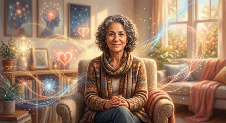 Dra. Andréa Vermont, psicanalista, com expressão acolhedora, simbolizando a imersão 'Tradutor de Almas' e o desbloqueio do autoconhecimento.