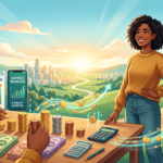 Imagem conceitual de uma pessoa confiante e aliviada, cercada por dinheiro, gráficos de crescimento e símbolos de organização, representando a liberdade financeira alcançada com o curso Viva Sempre com Dinheiro de Nádia Pace.