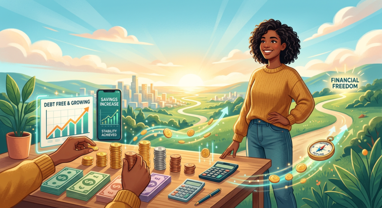 Imagem conceitual de uma pessoa confiante e aliviada, cercada por dinheiro, gráficos de crescimento e símbolos de organização, representando a liberdade financeira alcançada com o curso Viva Sempre com Dinheiro de Nádia Pace.