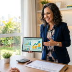 Mentora financeira Nádia C. B. Vieira Pace sorrindo, mostrando gráficos de dinheiro e organização em tela, simbolizando liberdade financeira.