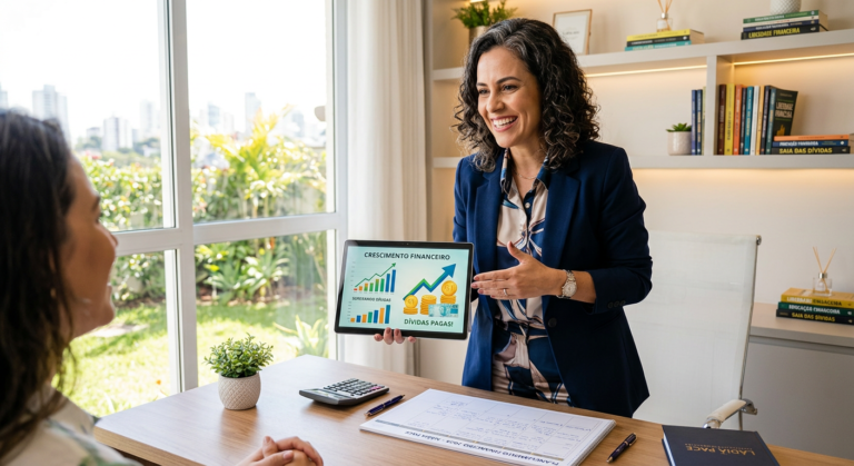 Mentora financeira Nádia C. B. Vieira Pace sorrindo, mostrando gráficos de dinheiro e organização em tela, simbolizando liberdade financeira.