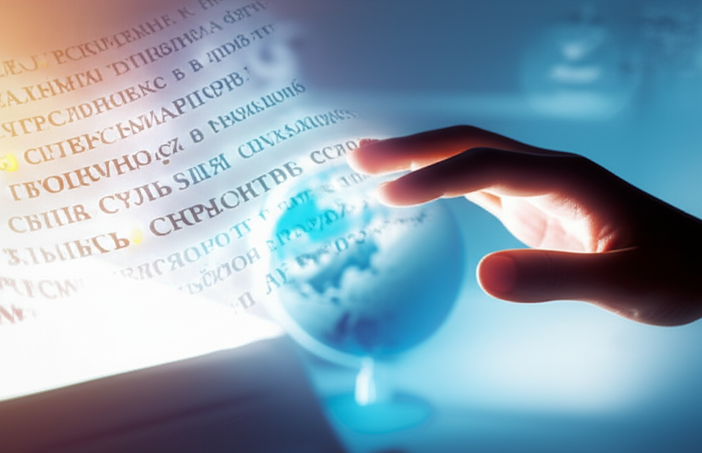 Mão de estudante atraindo letras cirílicas luminosas, simbolizando a aquisição e o domínio da língua russa.