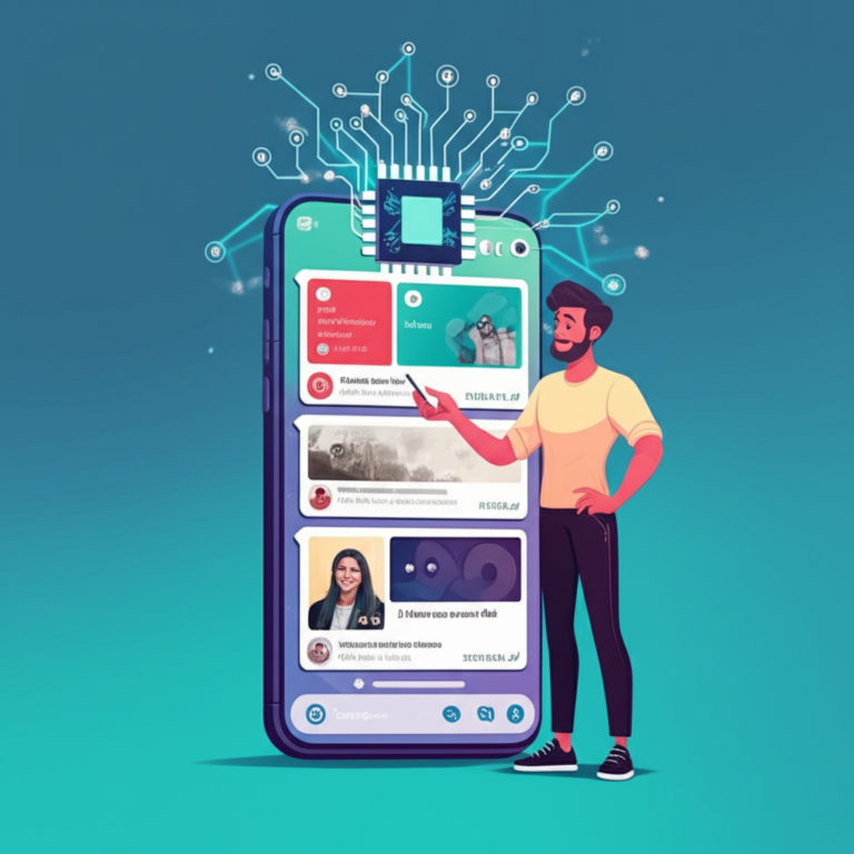 Smartphone exibindo posts de redes sociais e roteiros de vídeo gerados por IA via WhatsApp pelo ZAPPOST, com elementos tecnológicos.