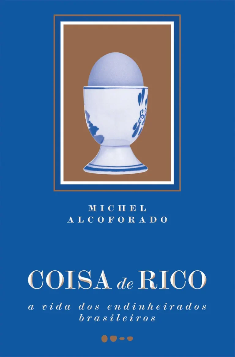 Ilustração de capa do livro 'Coisa de Rico' mostrando um homem elegante brasileiro cercado por símbolos sutis de luxo e padrões inspirados na bandeira do Brasil.