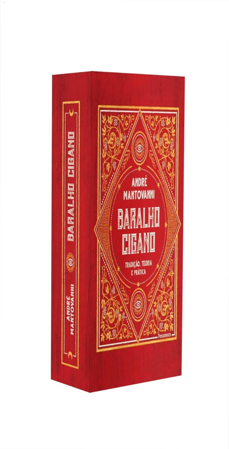 Mockup do livro Baralho Cigano Pocket de André Mantovanni, exibindo capa dura e as 36 cartas coloridas prontas para leitura prática