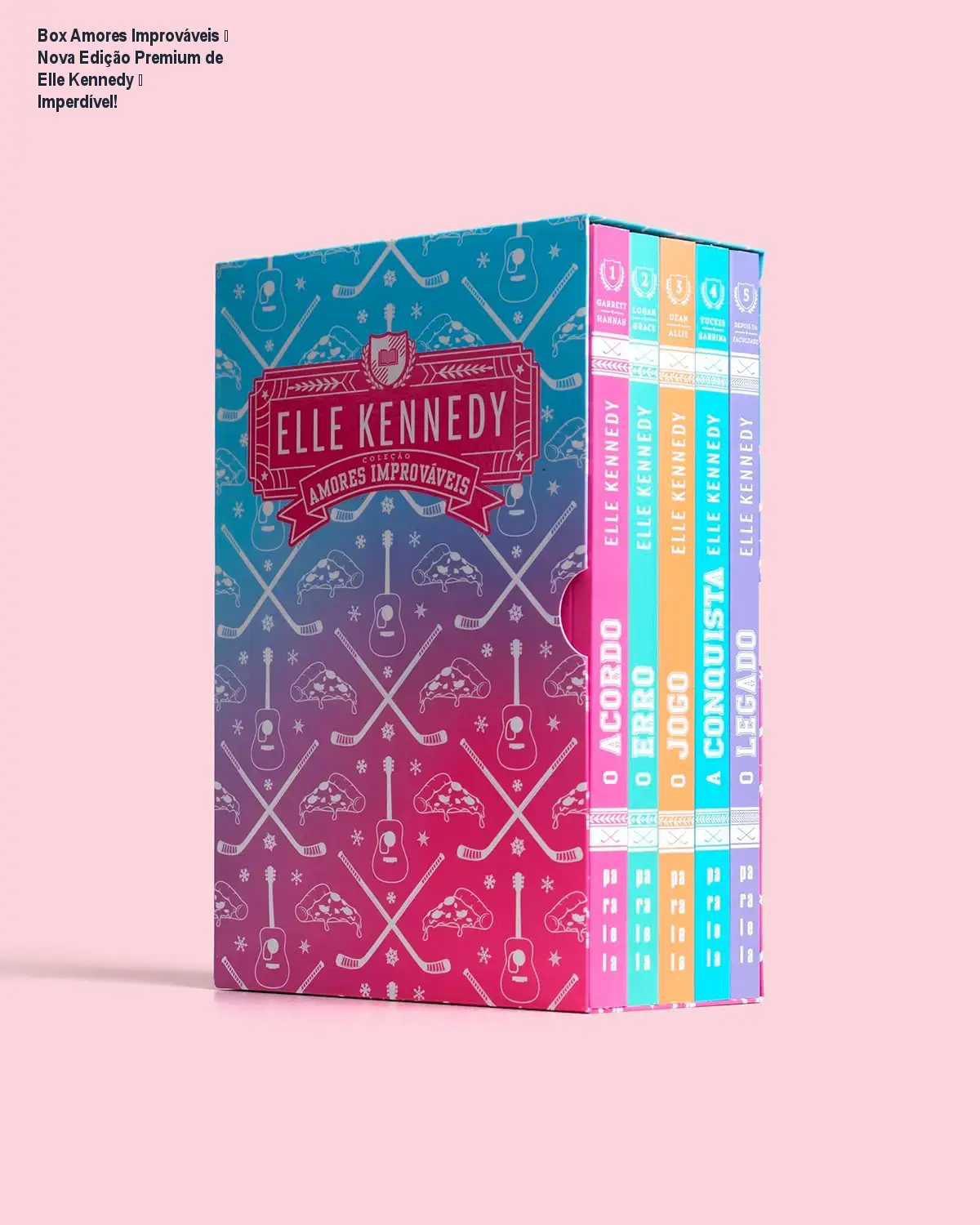 Mockup do box box Amores Improváveis de Elle Kennedy com capas exclusivas e acabamento dupla lombada