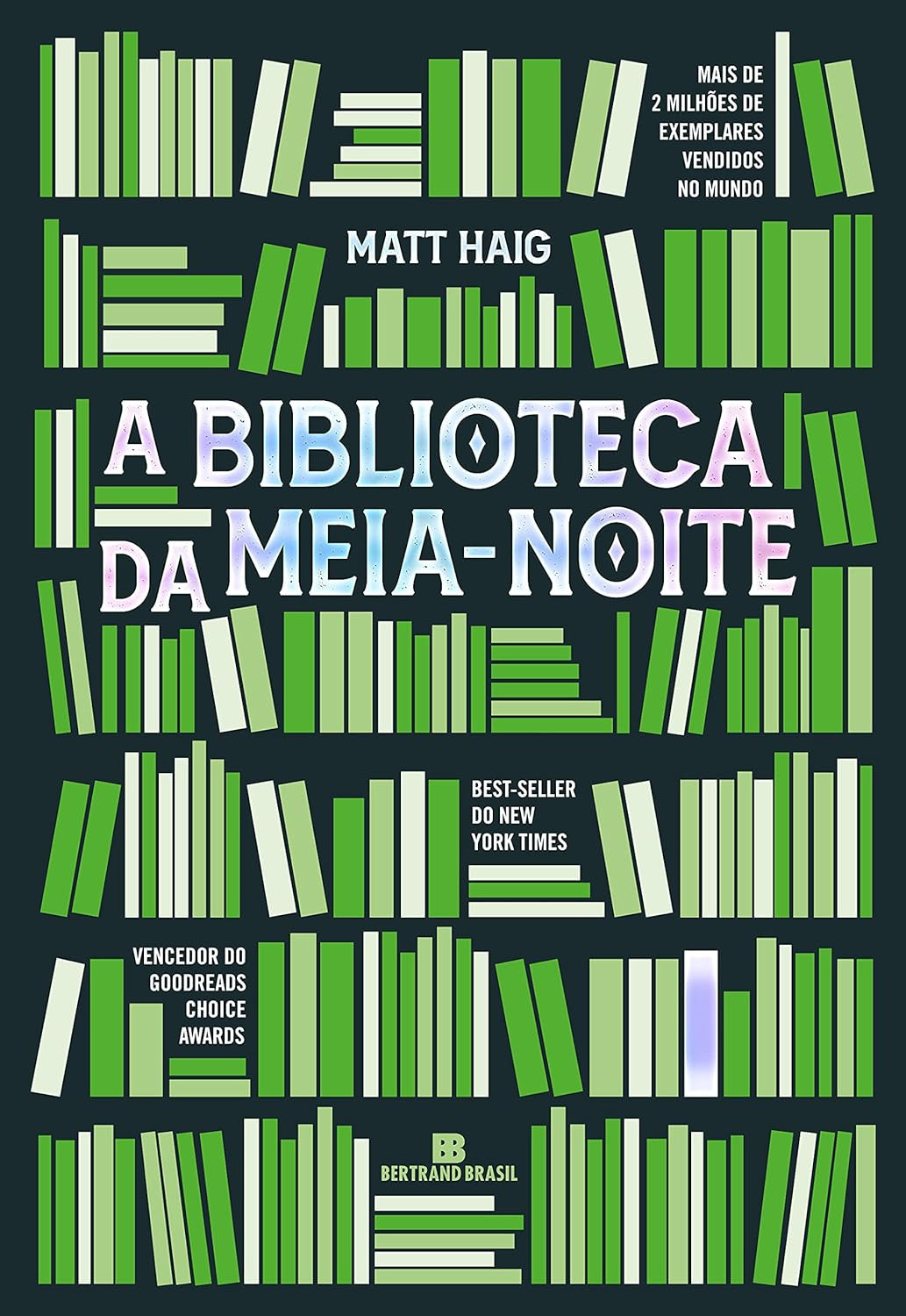 capa do livro A Biblioteca da Meia-Noite de Matt Haig mostrando uma biblioteca mágica à noite