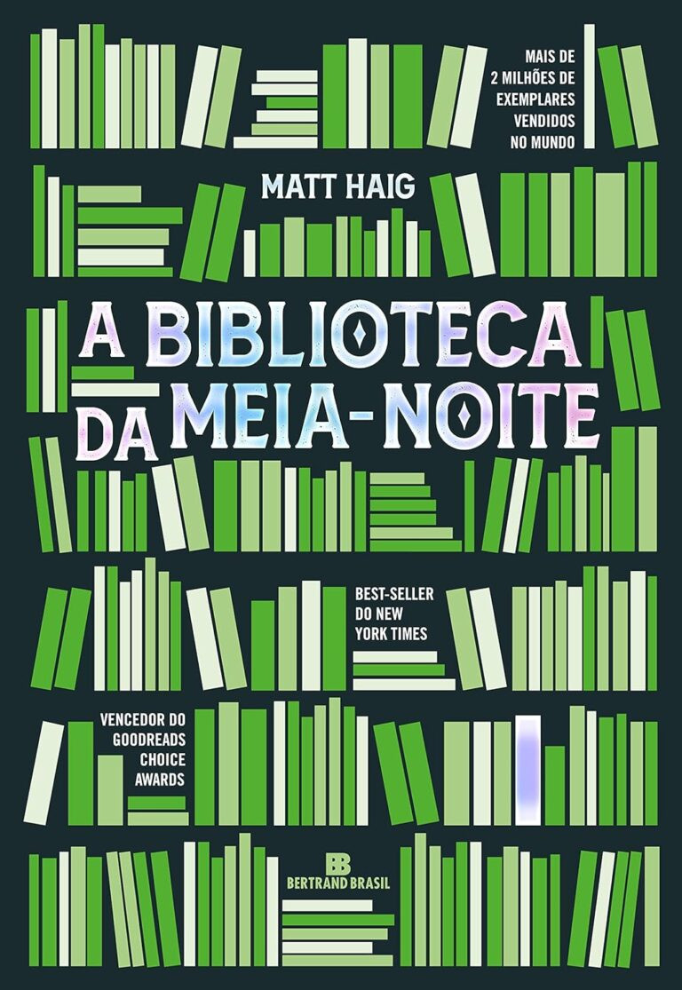capa do livro A Biblioteca da Meia-Noite de Matt Haig mostrando biblioteca noturna com portas infinitas e a personagem Nora Seed