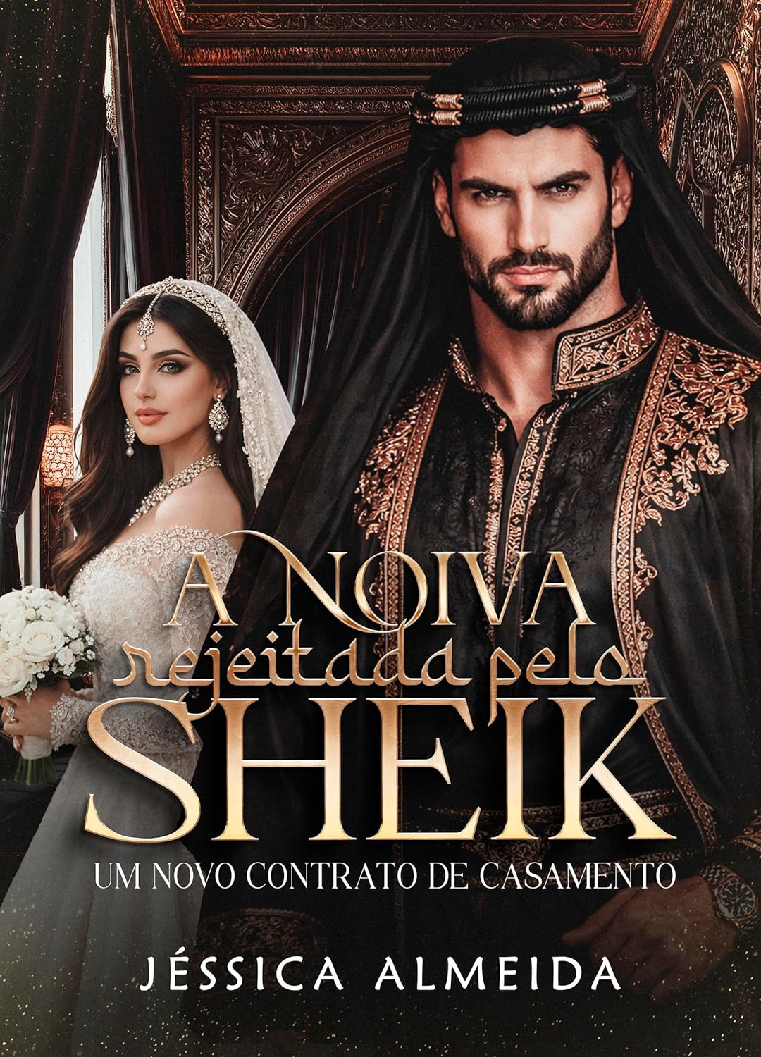 capa ebook A Noiva Rejeitada pelo Sheik romance de contrato, sheik bilionário, noiva árabe, cenário deserto e mar ao entardecer