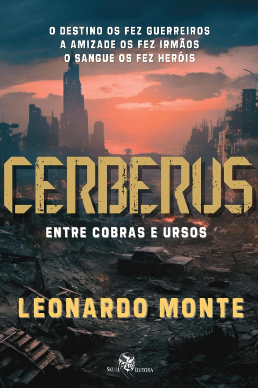 capa do livro Cerberus Entre cobras e ursos volume 1 Leonardo Monte ilustrando cão de três cabeças, cobras e urso em cenário medieval sombrio