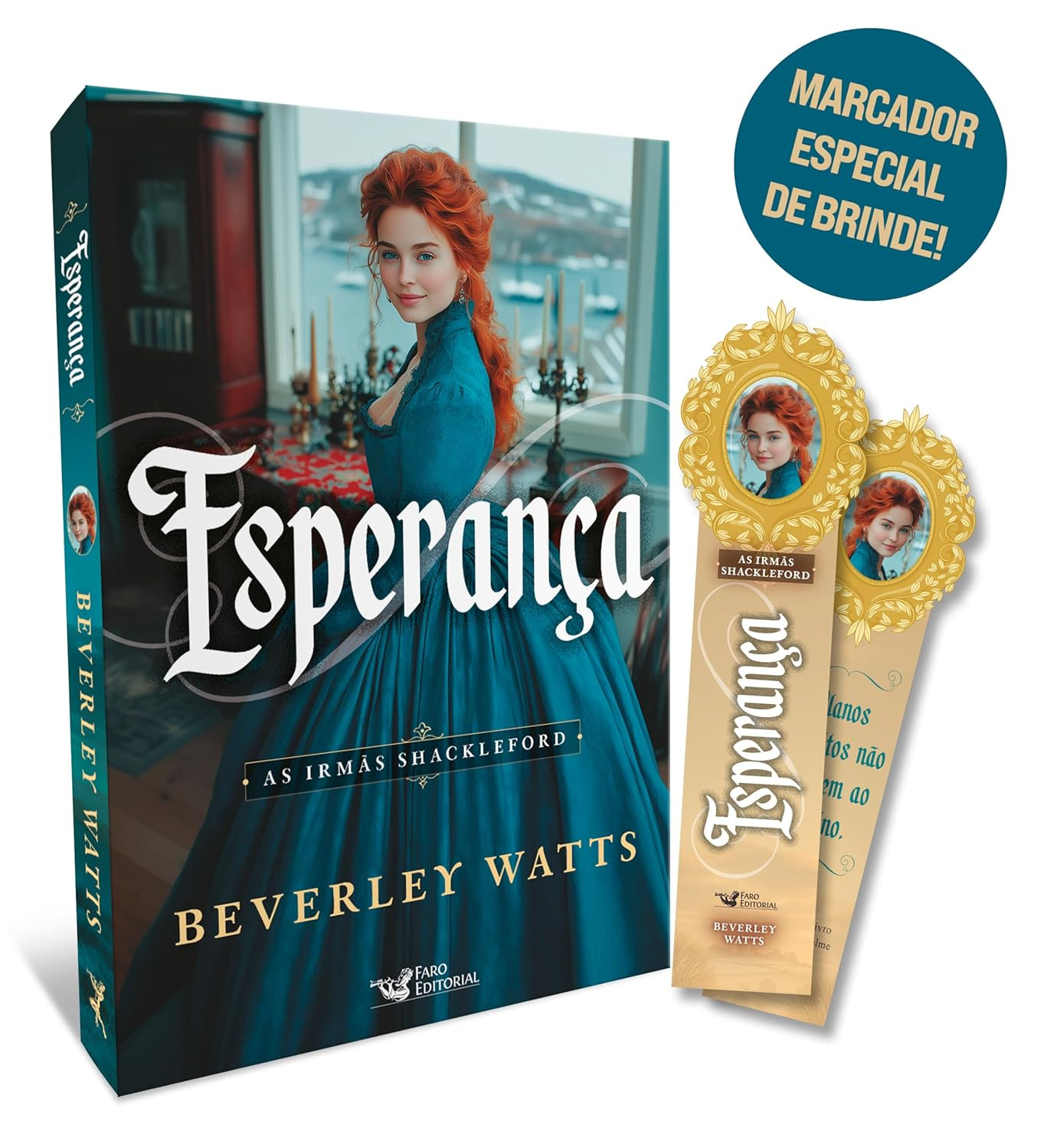 capa do livro Esperança Vol. 4 As irmãs Shackleford de Beverley Watts com Gabriel Atwood, forasteiro misterioso e Esperança Shackleford em cenário natalino vitoriano