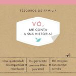 Capa dura do livro 'Vó, me conta a sua história?' com ilustração de avó e fotos de família.