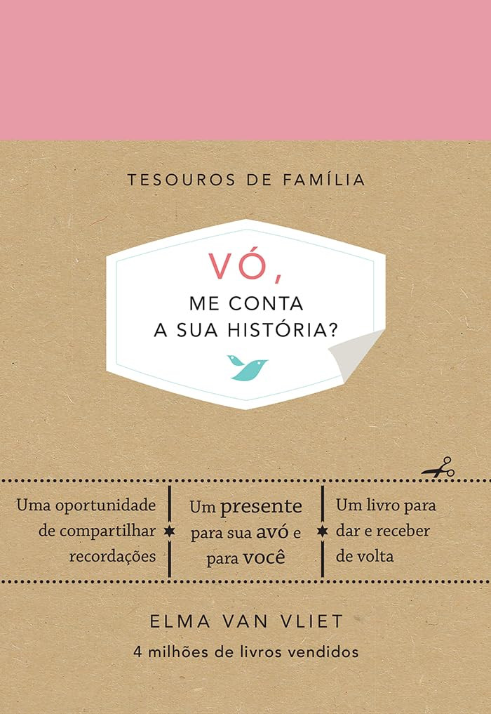 Capa dura do livro 'Vó, me conta a sua história?' com ilustração de avó e fotos de família.