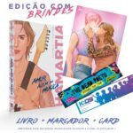 capa do livro Hamartia romance proibido entre rockstar e idol K‑pop com guitarra e microfone em fundo neon