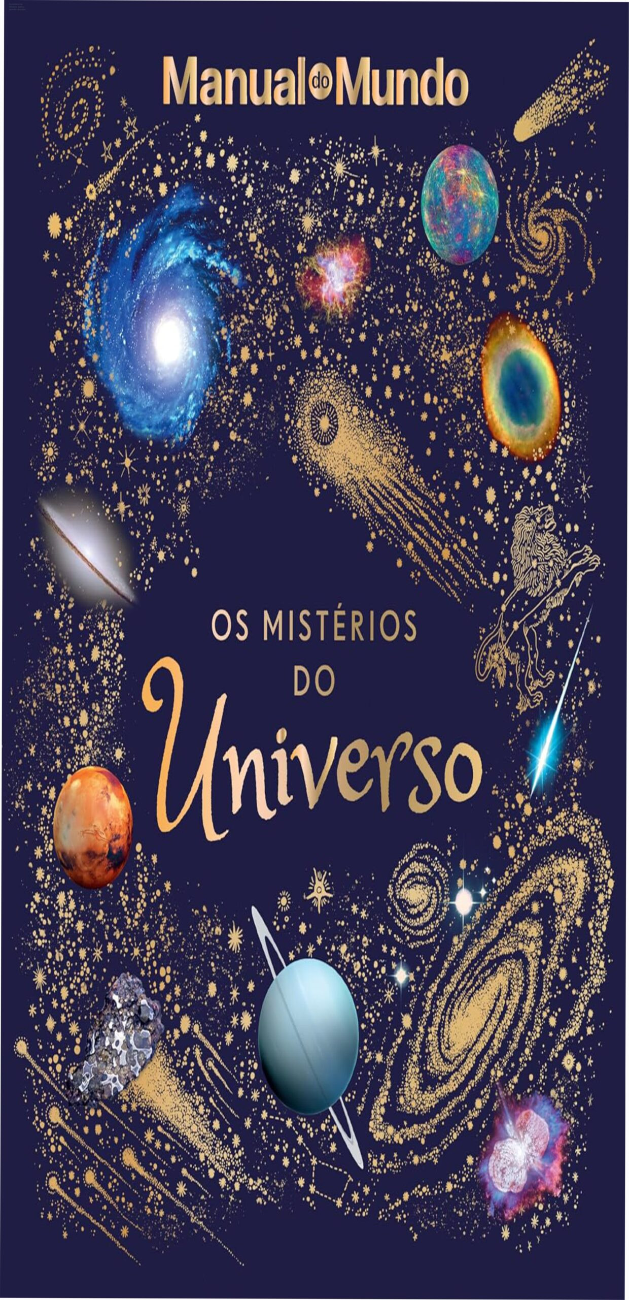 Capa dura do livro Os mistérios do Universo com ilustrações cósmicas e fotografias de objetos celestes