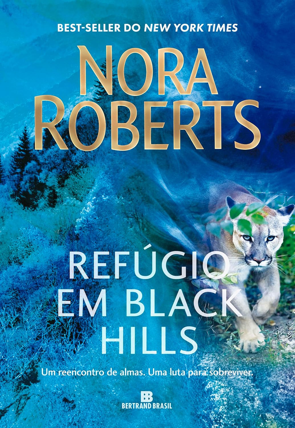 Capa do eBook Refúgio em Black Hills de Nora Roberts – casal romântico, puma e montanhas Black Hills com elementos Sioux