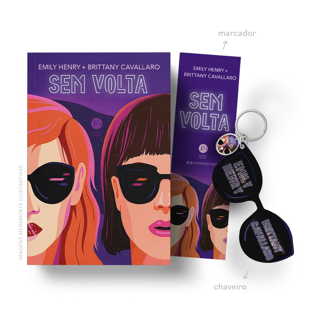 capa do livro Sem volta de Emily Henry e Brittany Cavallaro com duas garotas em fuga num conversível vermelho, marca‑página e chaveiro de brinde