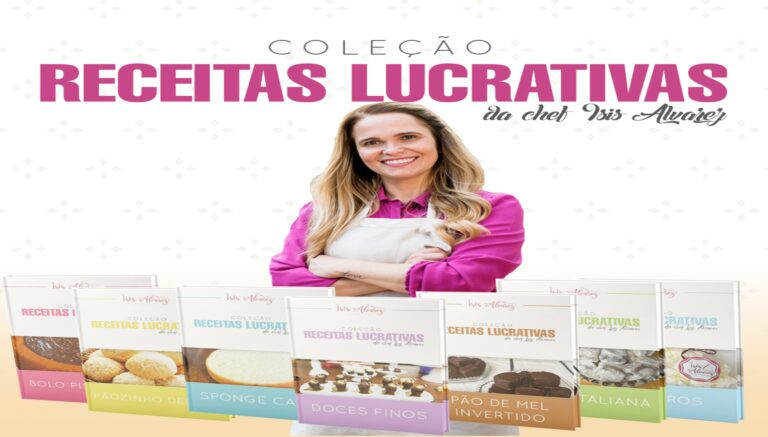 Mockup digital da Coleção Receitas Lucrativas da Chef Ísis Alvarez, exibindo as capas das 13 apostilas e videoaulas como um guia de aprendizado para confeiteiras empreendedoras.