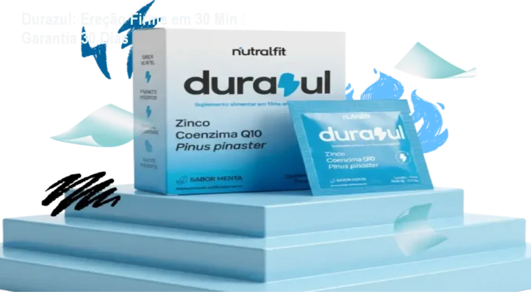 Mockup da página de vendas do Durazul apresentando o adesivo sublingual para ereção rápida e mais energia