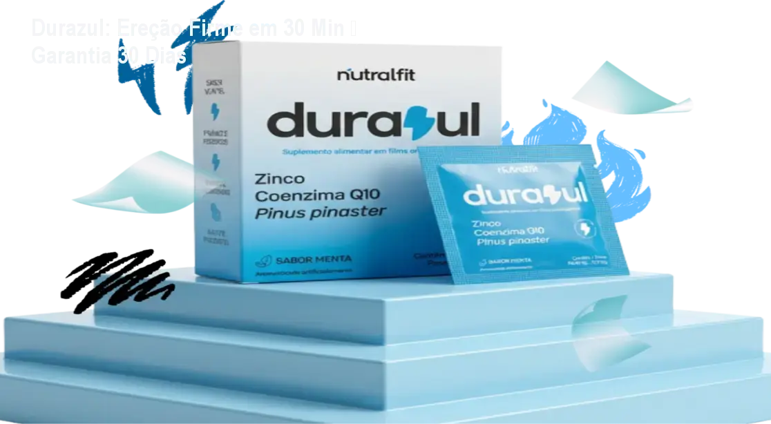 Durazul: Ereção Firme em 30 Min – Garantia 30 Dias 1 Mockup da página de vendas do Durazul apresentando o adesivo sublingual para ereção rápida e mais energia