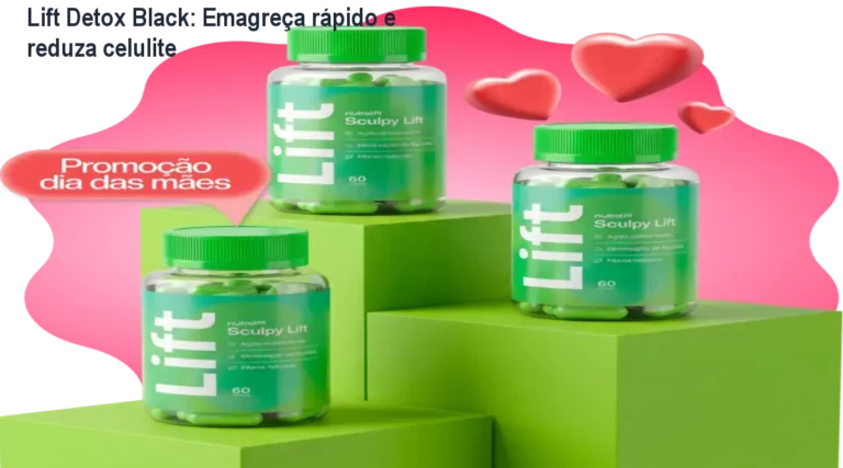 Imagem mostrando o suplemento Lift Detox Black e um mapa conceitual de benefícios para emagrecimento e pele