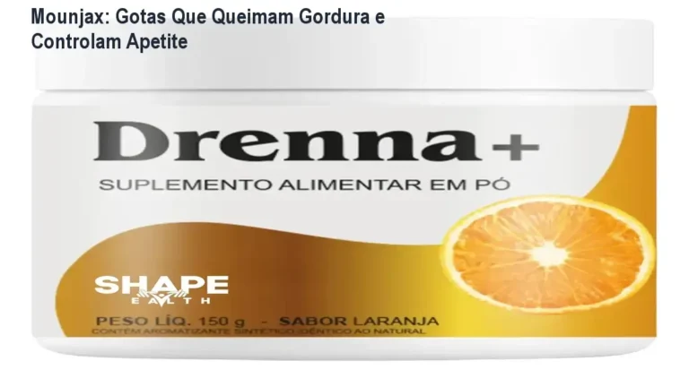 Frasco de Mounjax ao lado de medida de gordura reduzida após uso de 12 gotas diárias