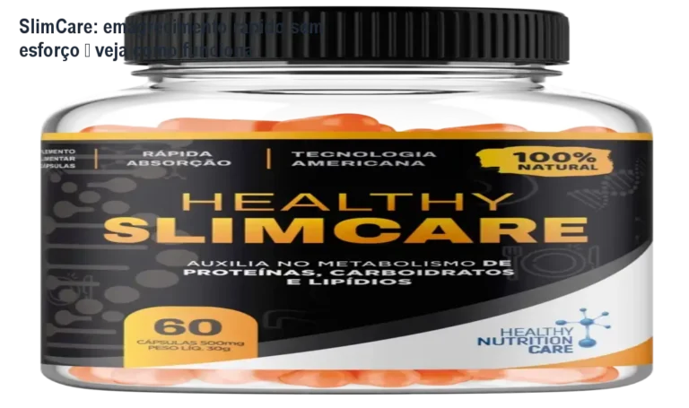 Frasco de SlimCare ao lado de duas cápsulas, mostrando uso prático para acelerar o metabolismo