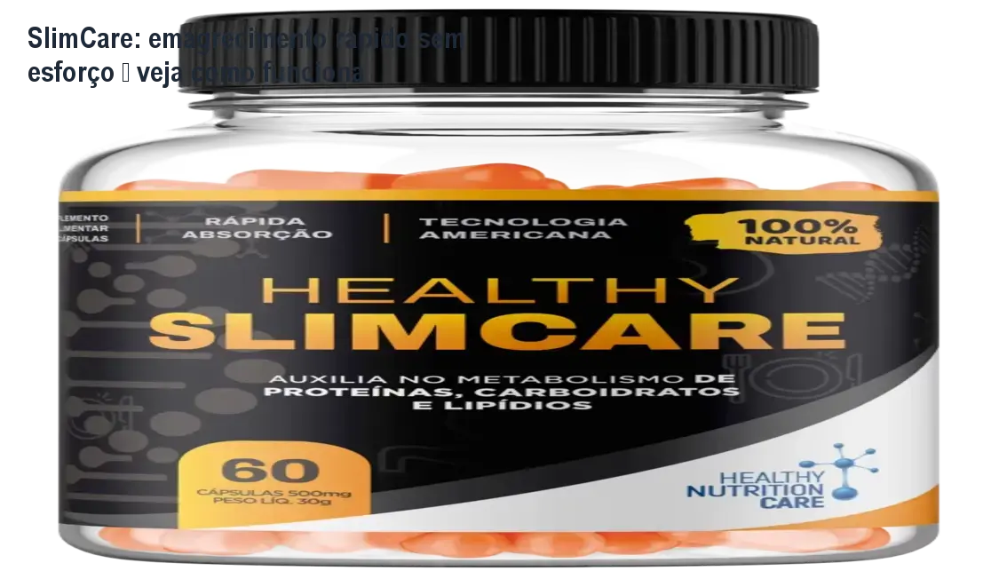 Frasco de SlimCare ao lado de duas cápsulas, mostrando uso prático para acelerar o metabolismo