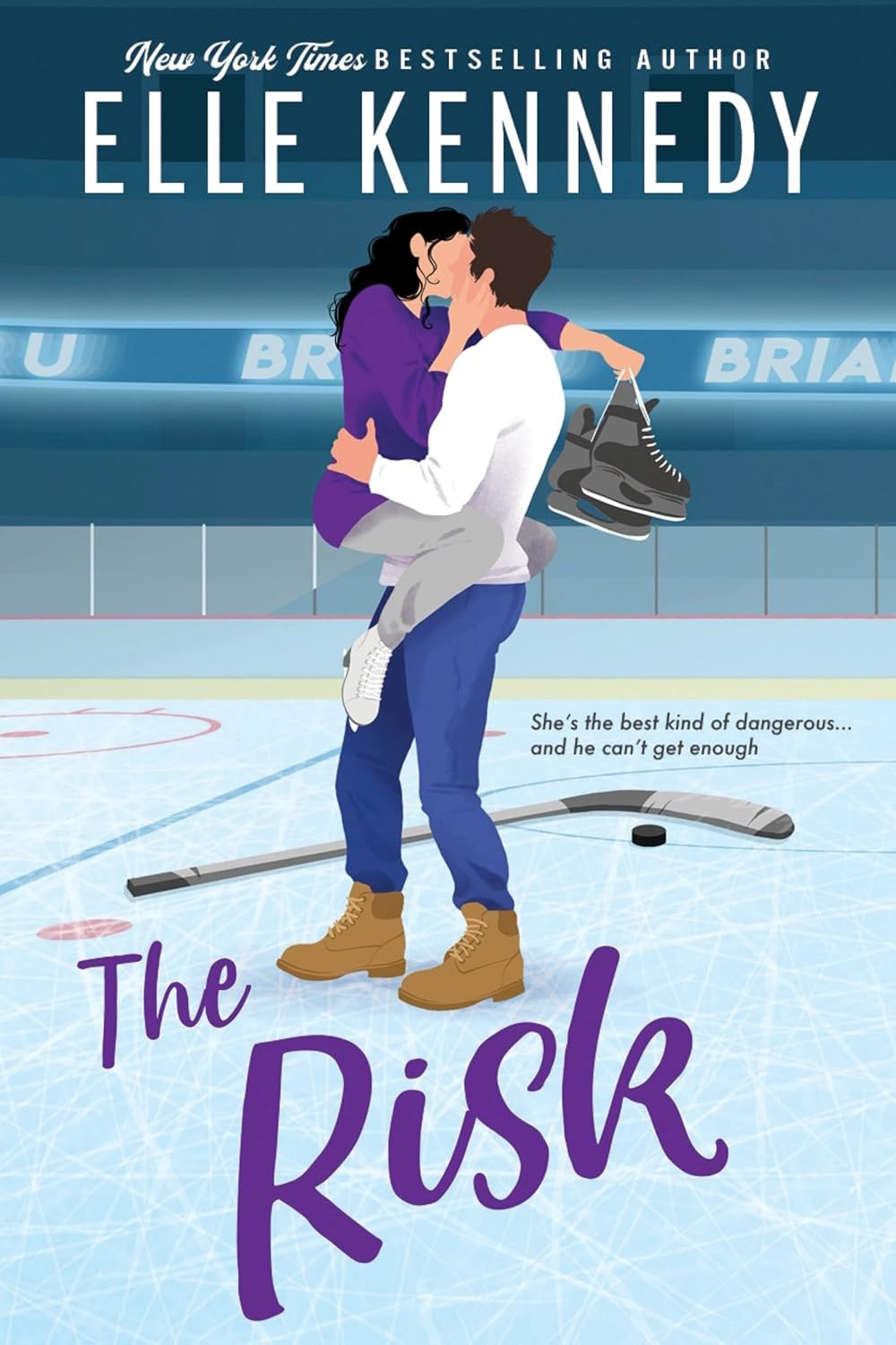 The Risk Briar U Book 2 cover Elle Kennedy – rebel girl and Harvard hockey star Jake Connelly on an icy rink, romance novel illustration