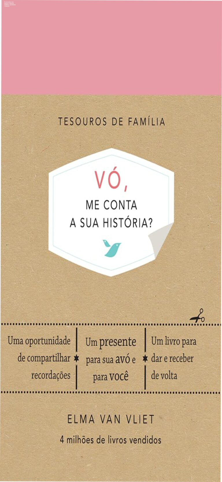 Capa dura do livro Vó, me conta a sua história? mostrando espaço para fotos e anotações familiares