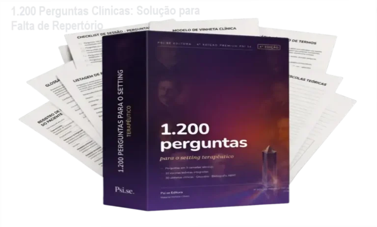 1.200 Perguntas Clínicas: Solução para Falta de Repertório 13 Capa do livro 1.200 Perguntas para o Setting Terapêutico mostrando páginas técnicas para psicólogos