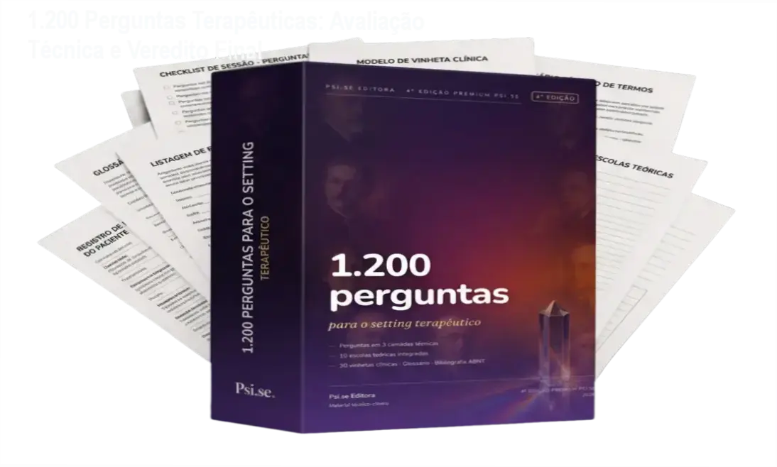 1.200 Perguntas Terapêuticas: Avaliação Técnica e Veredito Final 1 Capa do PDF 1.200 Perguntas para o Setting Terapêutico – 4ª edição premium, mostrando ferramenta de repertório clínico