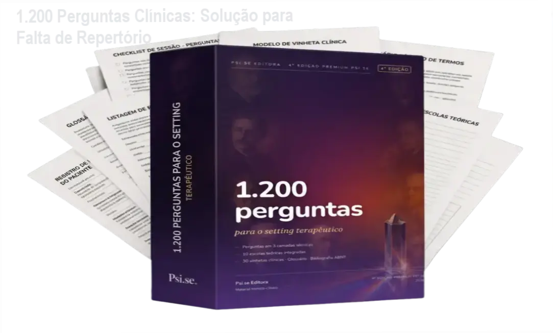 Capa do livro 1.200 Perguntas para o Setting Terapêutico mostrando páginas técnicas para psicólogos