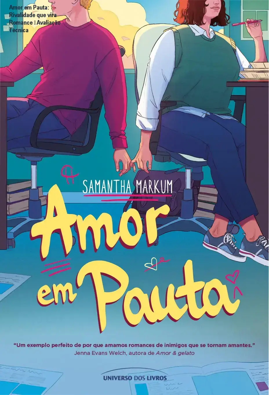 Capa do livro Amor em Pauta mostrando Wyn e Three em disputa na redação