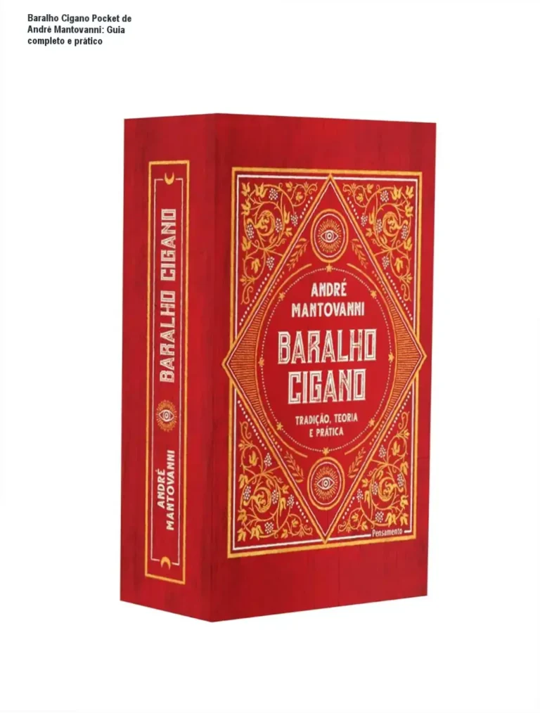 Capa dura do Baralho Cigano Pocket de André Mantovanni ao lado das 36 cartas coloridas