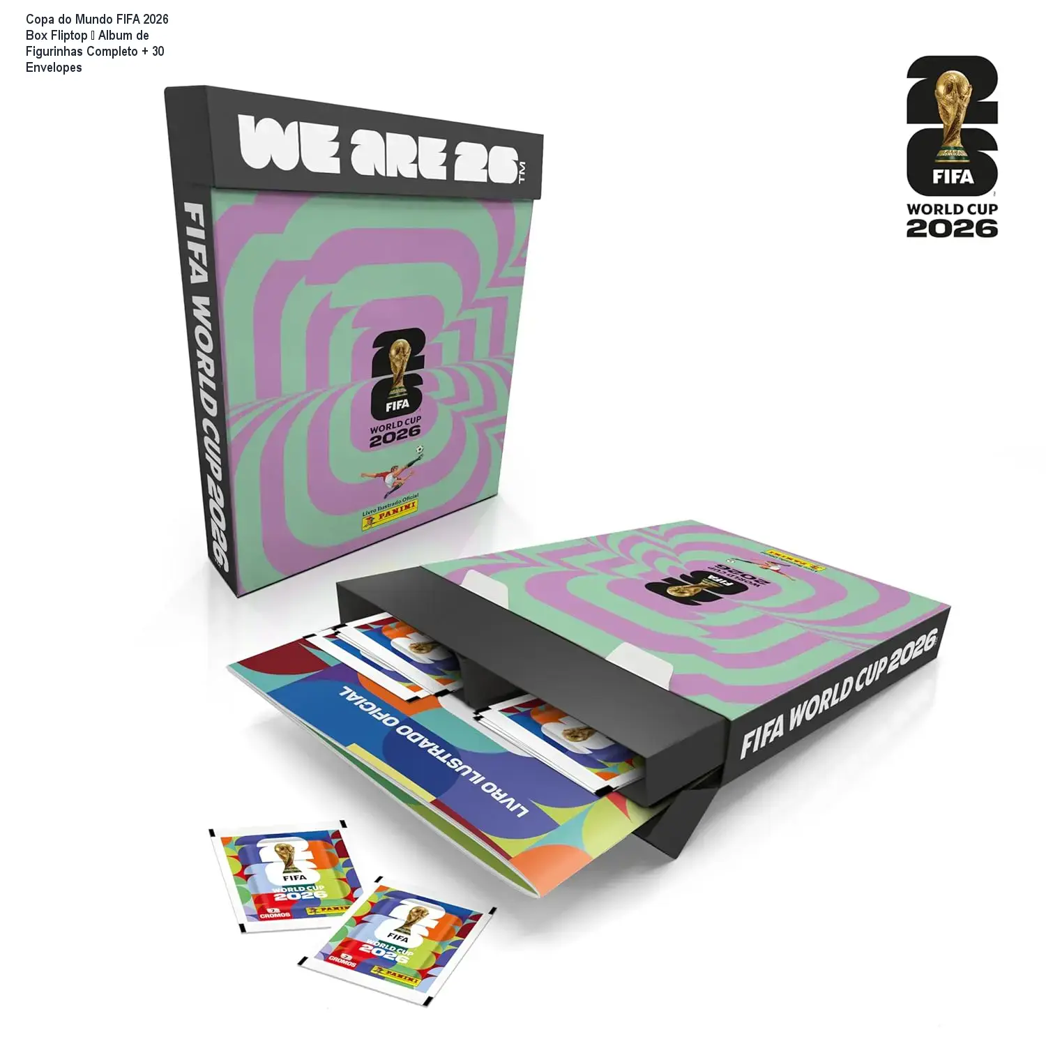 Imagem do Box Fliptop da Copa do Mundo FIFA 2026 com álbum brochura e 30 envelopes de figurinhas